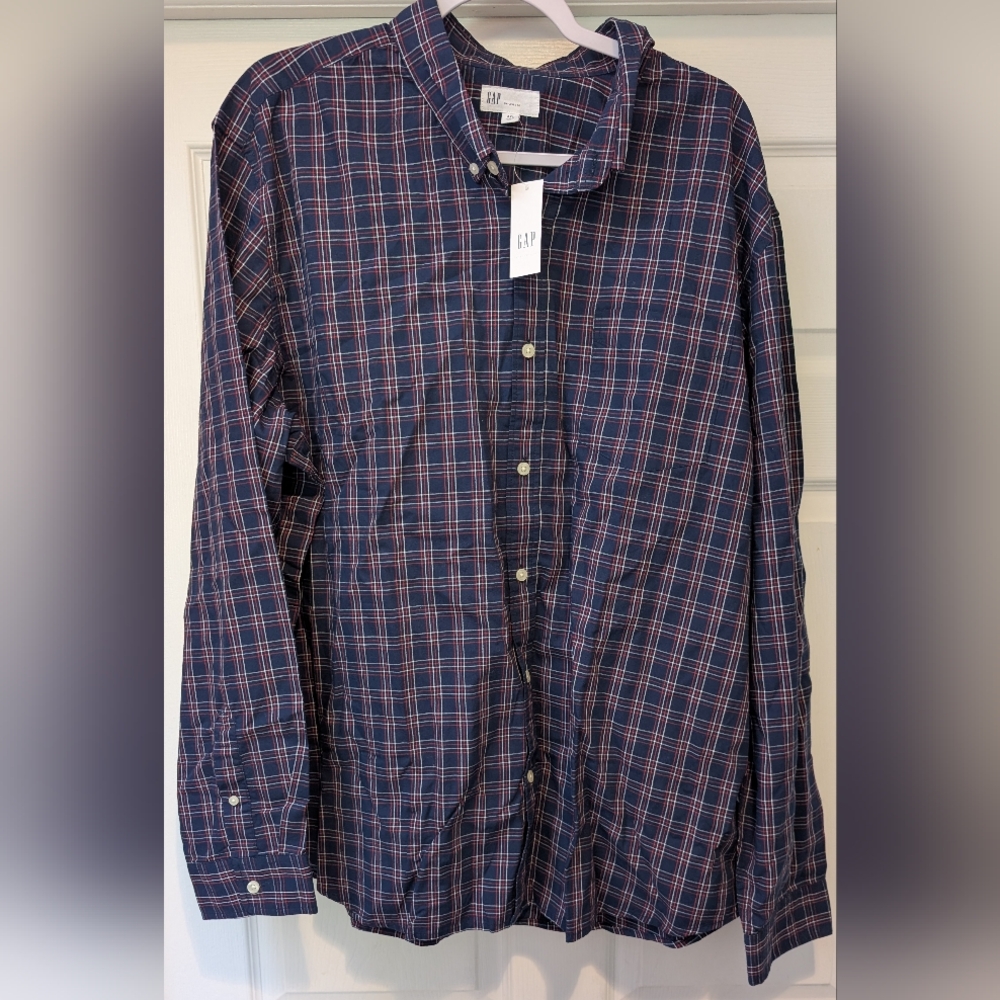 GAP NWT Mens Navy Blue Plaid Long Sleeve Casual Button Down Shirt Untucked Fit